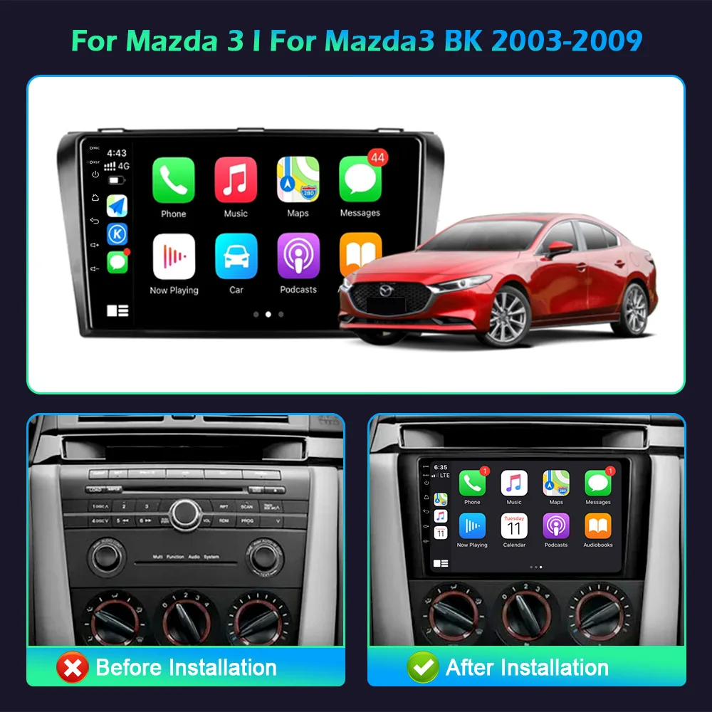 Car Radio Multimedia 4G GPS For Mazda 3 l For Mazda 3 BK 2003-2009 Android 14 Navigation Wireless BT Carplay Touch Screen Stereo