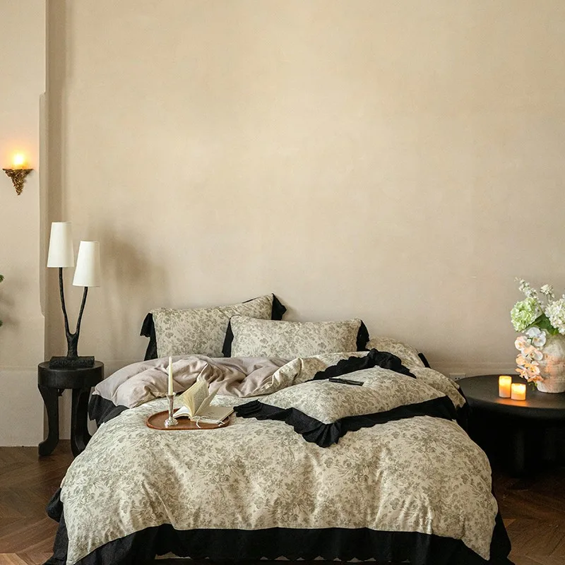 Luxury Linen-Cotton Retro Print Ruffle Bedding Set Duvet Cover Bed Sheet/Fitted Sheet Pillowcases 4Pcs