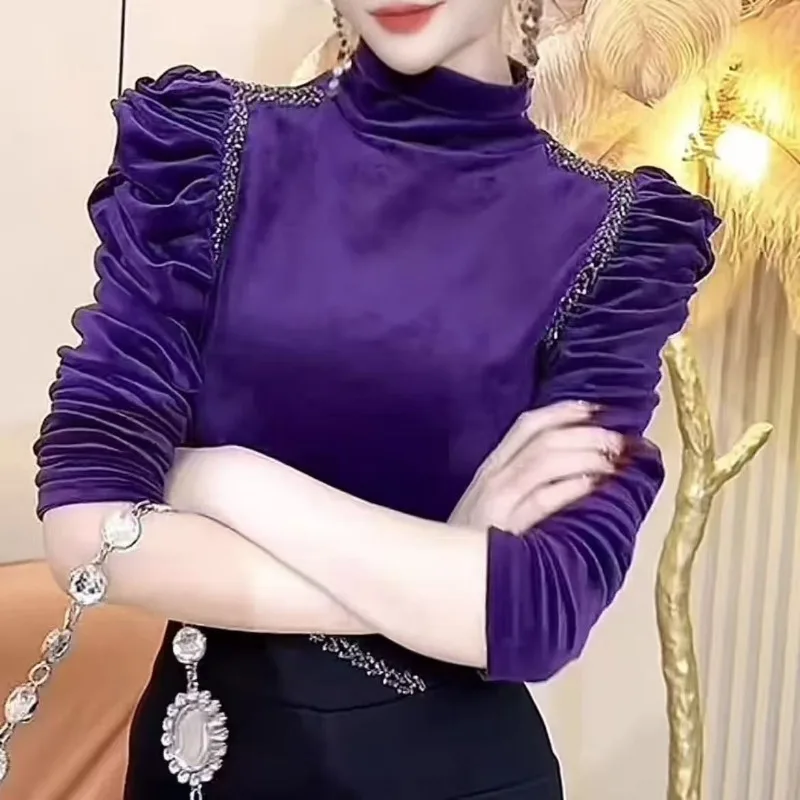

Французская бархатная базовая рубашка с полуводолазкой для женщин, осенне-зимний новый модный и универсальный топ с длинными рукавами