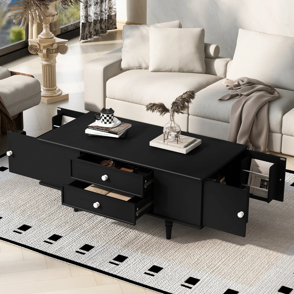 

Rectangle Coffee Table with Four Drawers,Two Side Hidden Storage Compartments,Metal Handles，Four Solid Wood Legs for Living Room