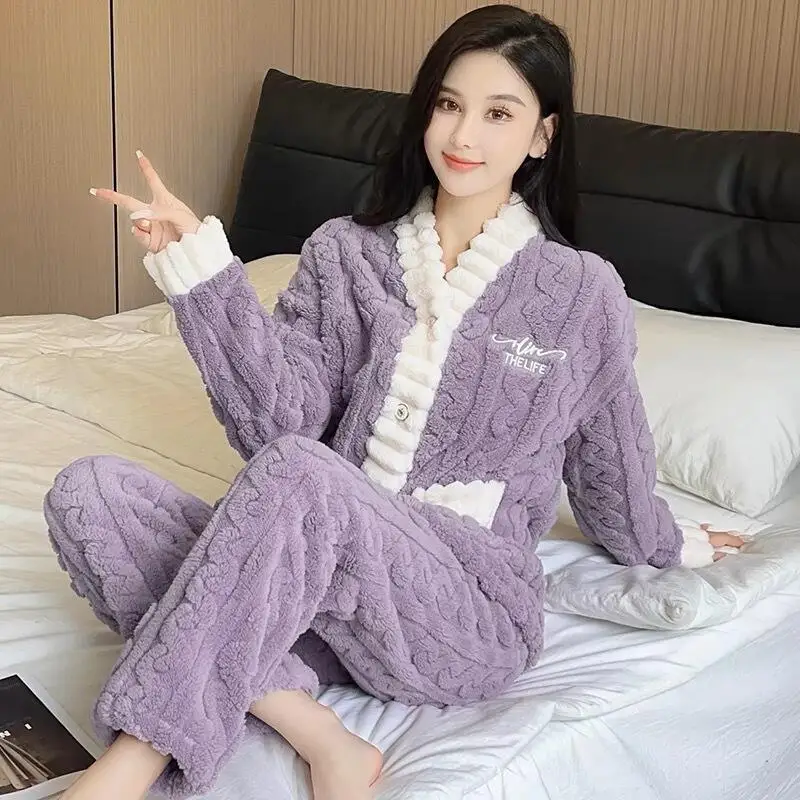

Женские жаккардовые пижамы, одежда для дома, студентка, осень-зима, коралловый флис, длинный стиль, фланелевая теплая домашняя одежда больших размеров