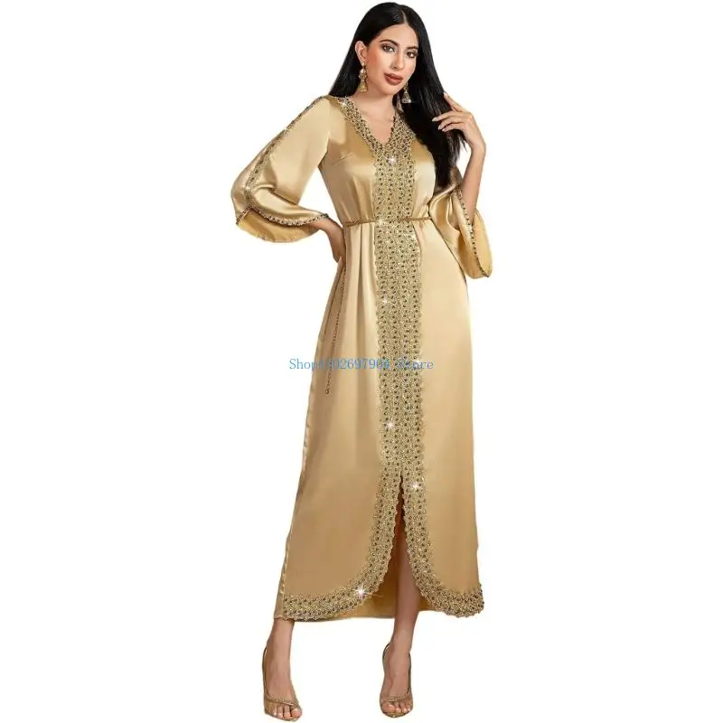 N7YF Fashion Long Sleeve Muslims Long Dresses Kaftan Abaya Ramadans Robes Women's Moroccan Evening Gown for Party Daily Wear