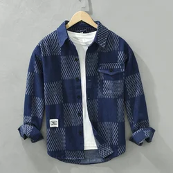 Vintage Plaid Denim Shirt for Men Autumn Winter New Cotton Long Sleeve Turn-down Collar Shirts Male Casual Clothing