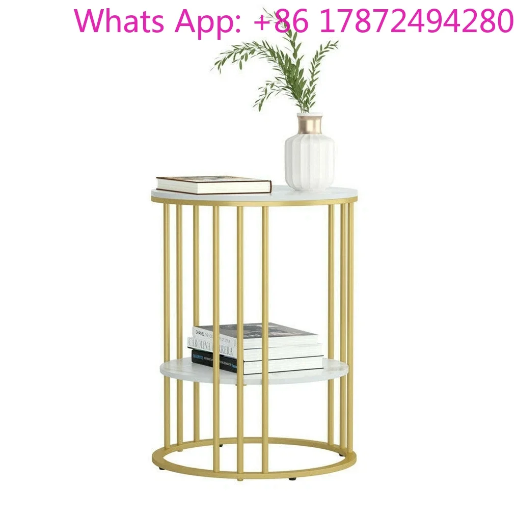 Marble Accent Coffee Table Nightstand 2 Tiers Round Sofa Side Table Sintered Stone Gold Metal Frame End Table