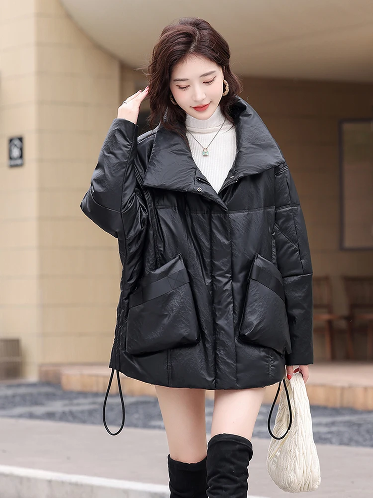 Giacca in Pelle di Pecora Haining da Donna, Invernale, Imbottita, Lunghezza Media, Vestibilità Ampia, Collo Alto, Calda e alla Moda