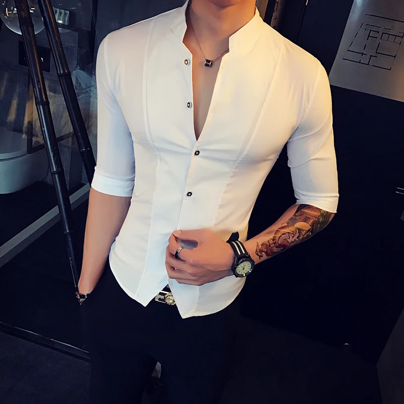 Stand Collar Chinese Style Shirt Men Slim Fit Clothes Male Half Sleeve 2023 Fashion Summer Solid Color Designer Night Club Tops