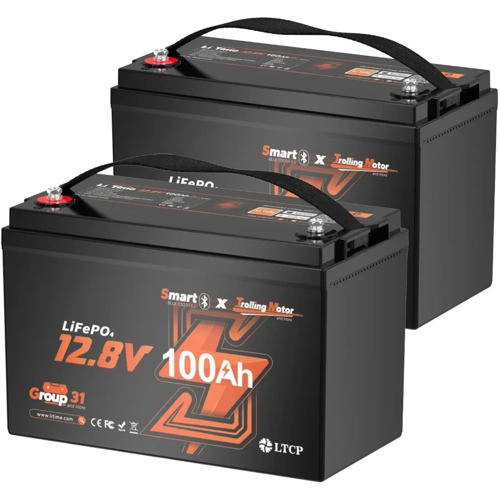 

2 Pack 12V 100Ah Trolling Motors Lithium Battery, Group 31 Bluetooth LiFePO4 Battery Low-Temp Protection 100A BMS