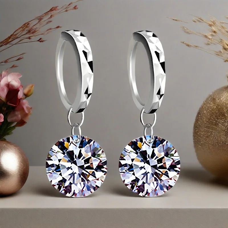Classical 925 Sterling Silver Round Shape Cubic Zircon Crystal Drop Earrings for Women Girls Wedding Party Fashion Jewelry Gifts