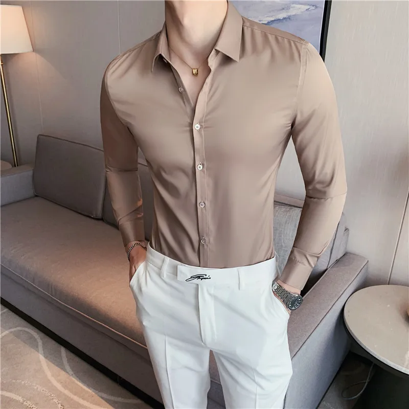 

Khaki Men Shirt Luxury Quality Soft Long Sleeve Shirt Wedding Man 4XL Slim Fit Casual Blouse Male Chemise Homme Camisa 11 Colors