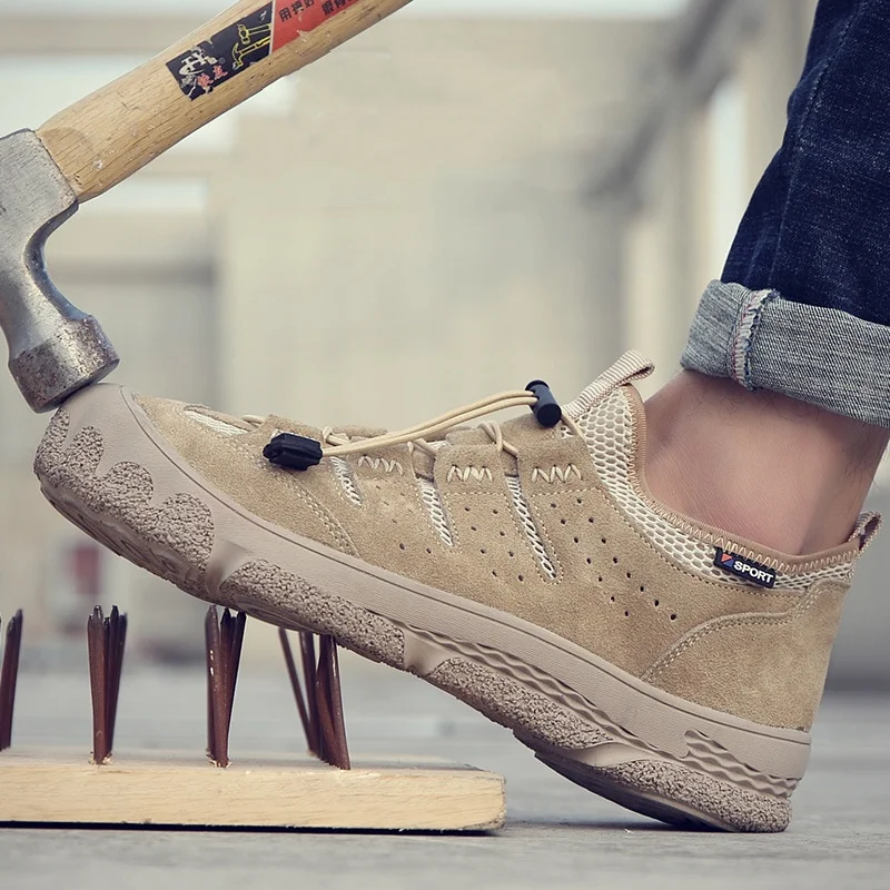 plus size men's leisure breathable work shoes summer steel toe cap safety shoe cow leather platform security boots safe sneakers