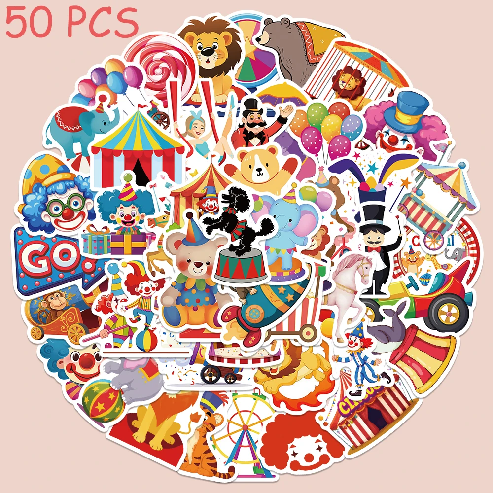 

50pcs Carnival Circus Stickers Cartoon Graffiti Aesthetic Decals For Phone Laptop Skateboard Suitcase Guitar Waterproof Stickers