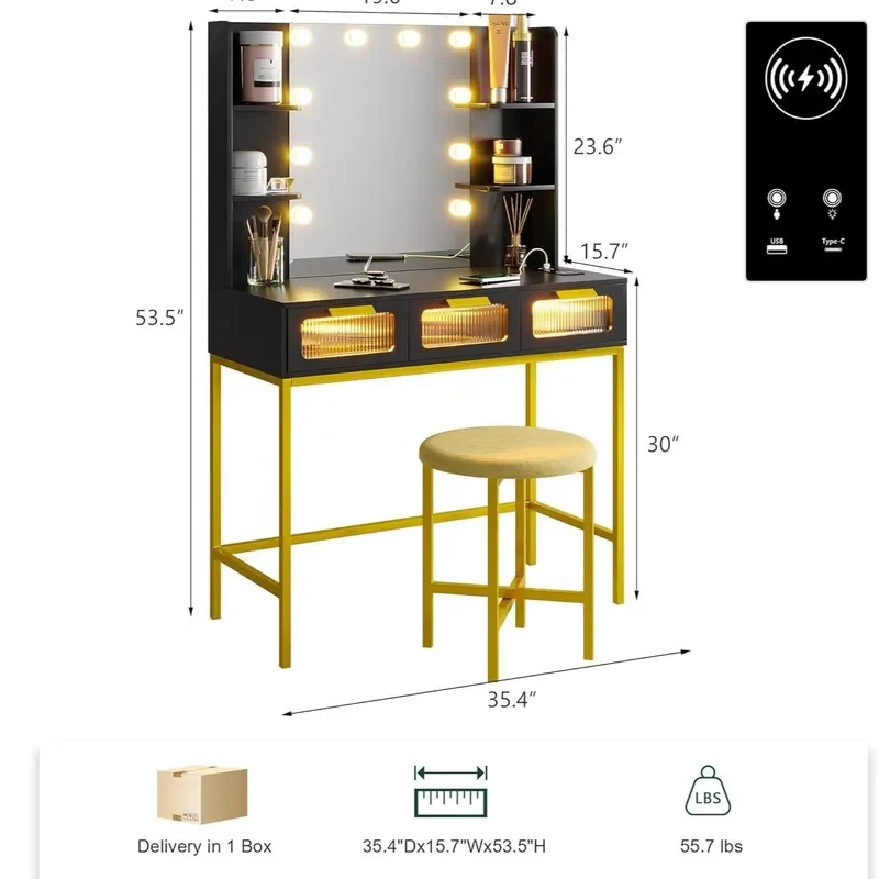 Compact LED Vanity Table with 10 Bulbs Mirror 3 Drawers Stool Charging Station Small Makeup Desk for Bedroom