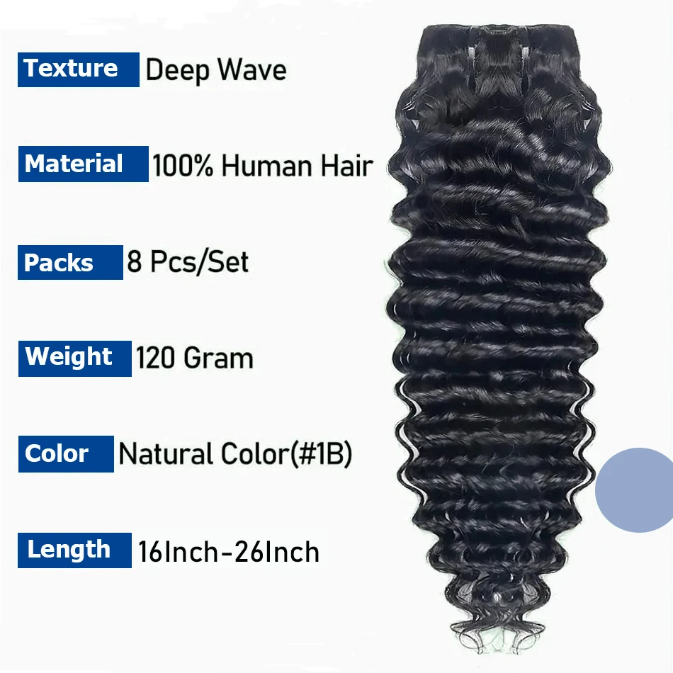 Extensiones de cabello humano rizado con Clip de onda profunda, extensiones de cabello humano 100% sin procesar, Clip sin costuras de PU, 16-26 pulgadas