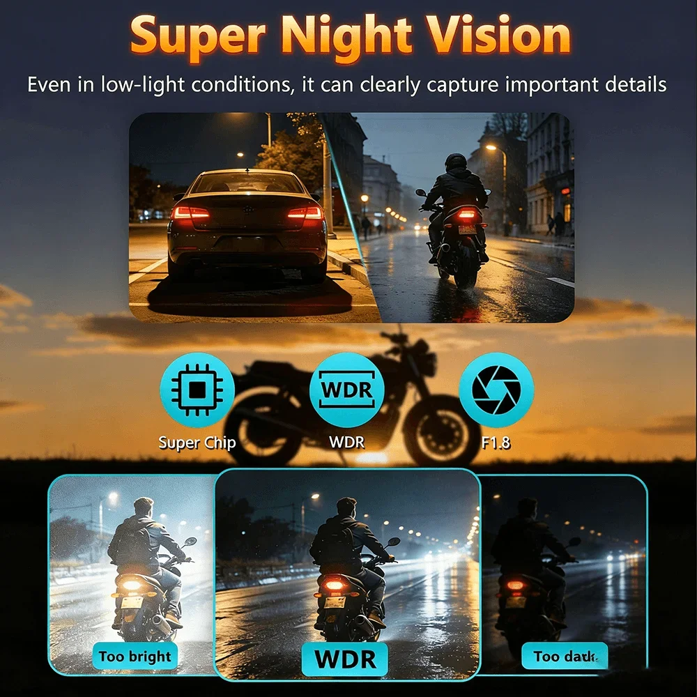 2K HD Motorcycle Camera WiFi DVR Dash Cam IP65 Waterproof 130° Wide Angle with Loop Recording Moto Outdoor Riding Recorder