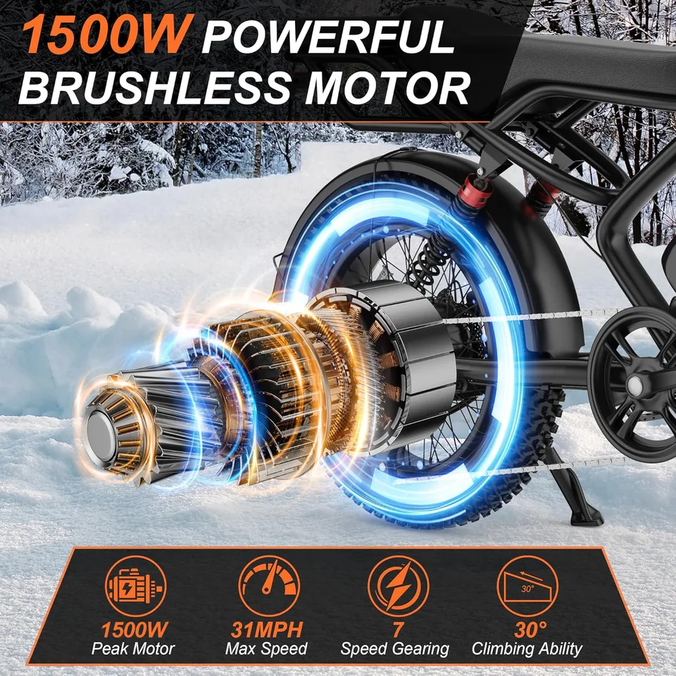 2026 New 1500W Electric Bike 20" Fat Tire 31mph Top Speed 70 Miles Range for Road Sand Mountain Snow Electric Motorcycle image 5
