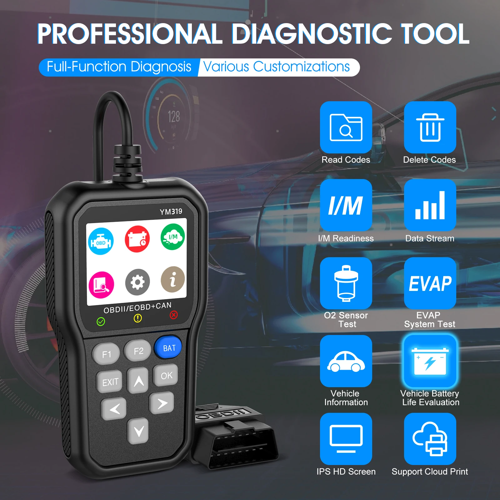 YM319 OBD Automotive Diagnostic Scanner - Comprehensive Engine Fault Detection, Battery Voltage Monitoring, and Battery Lifespan