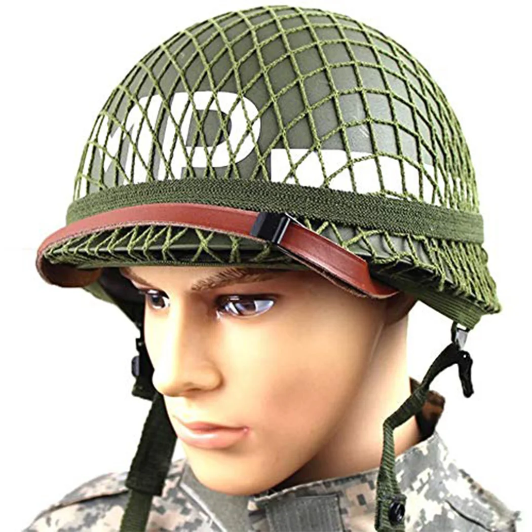 Perfect WW2 US Army M1 Green Replica Helmet with Net/Canvas Chinstrap DIY Painting, Suitable for Airsoft Paintball Cosplay