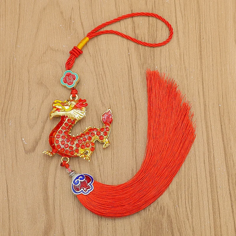 Chinese-Style Dragon Car Pendant With Auspicious Clouds, Tassels, And Diamond Embellishments, Featuring A Three-Dimensional Chin