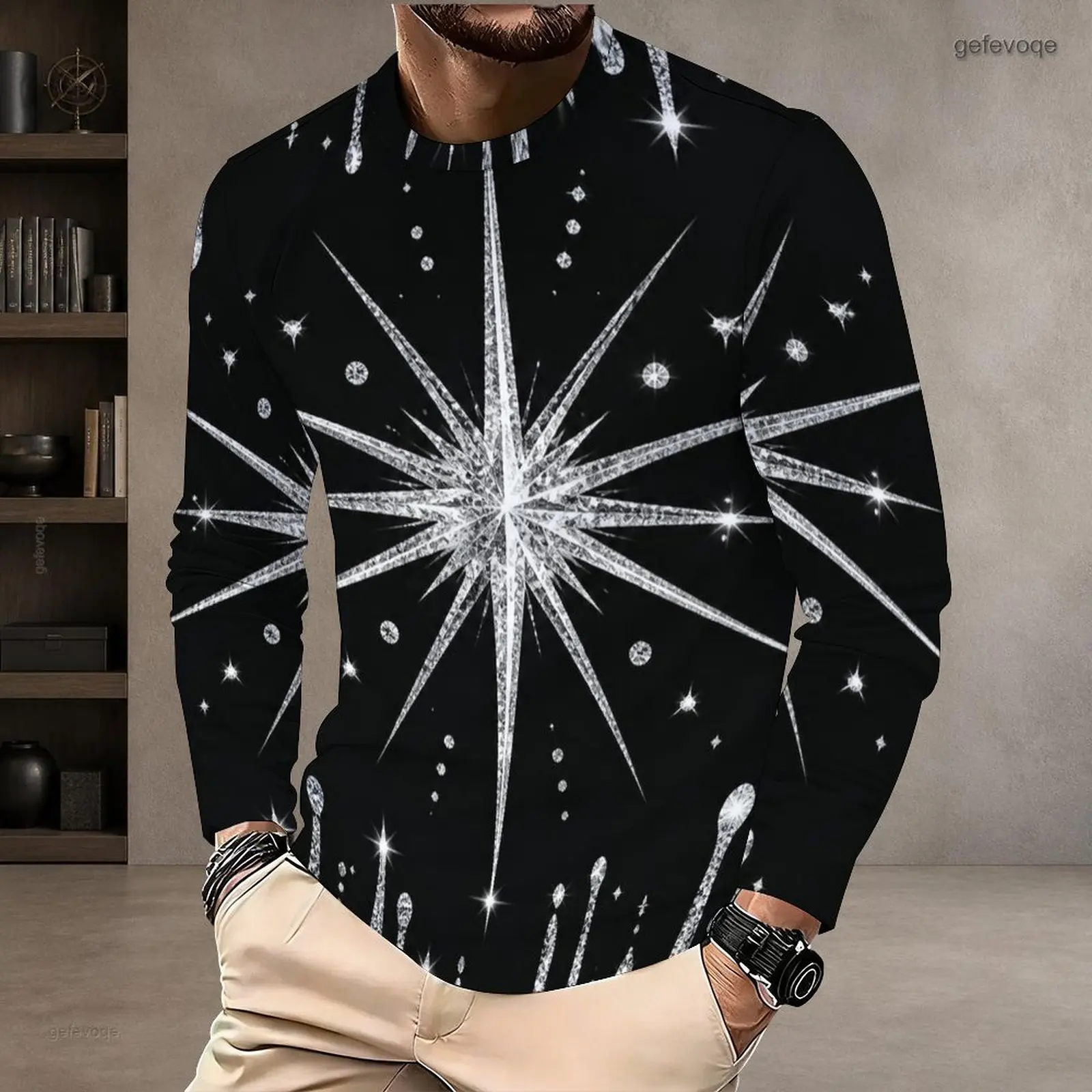Men Round Neck Long Sleeve T-Shirt, Teal Green Rose Gold Gem Heart Printed Pullover