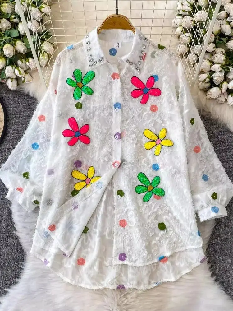 

Vintage Sequins Embroidery Flowers Diamond Sunscreen Shirt White Tops Spring Women's Long Sleeve Single-ed Short Sleeves T-shirt
