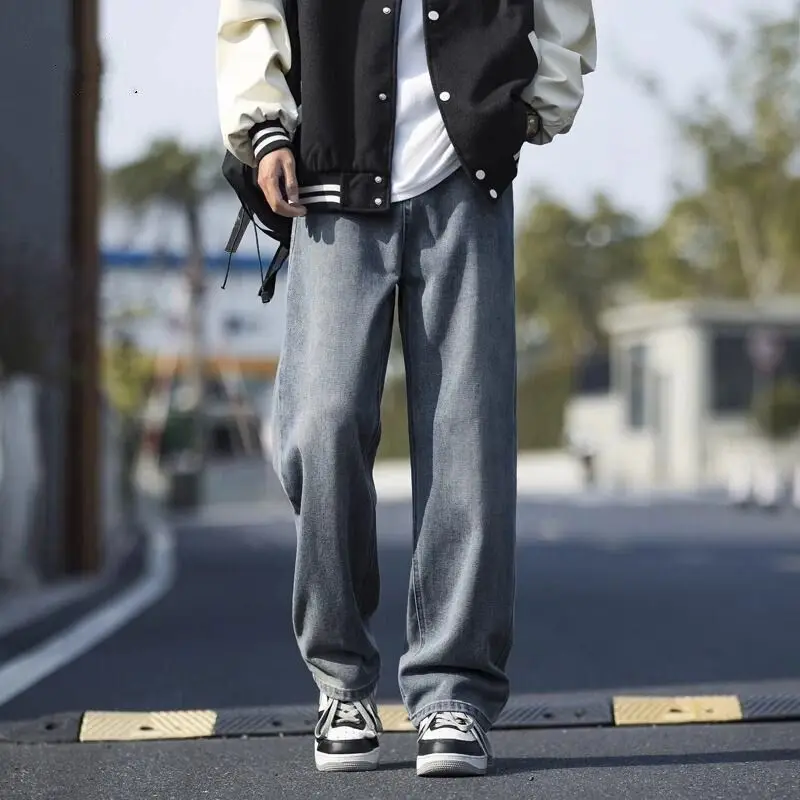 Mens 2026 Spring Fall All-Match Loose Straight Wide Leg Denim Casual Trousers