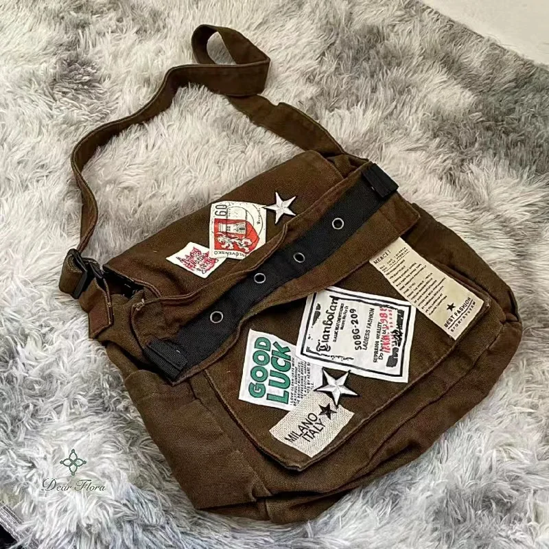 Y2k Vintage Canvas Messenger Bag Casual Preppy Crossbody Punk Patchwork Star Patch Shoulder American Fashion Retro Women Handbag