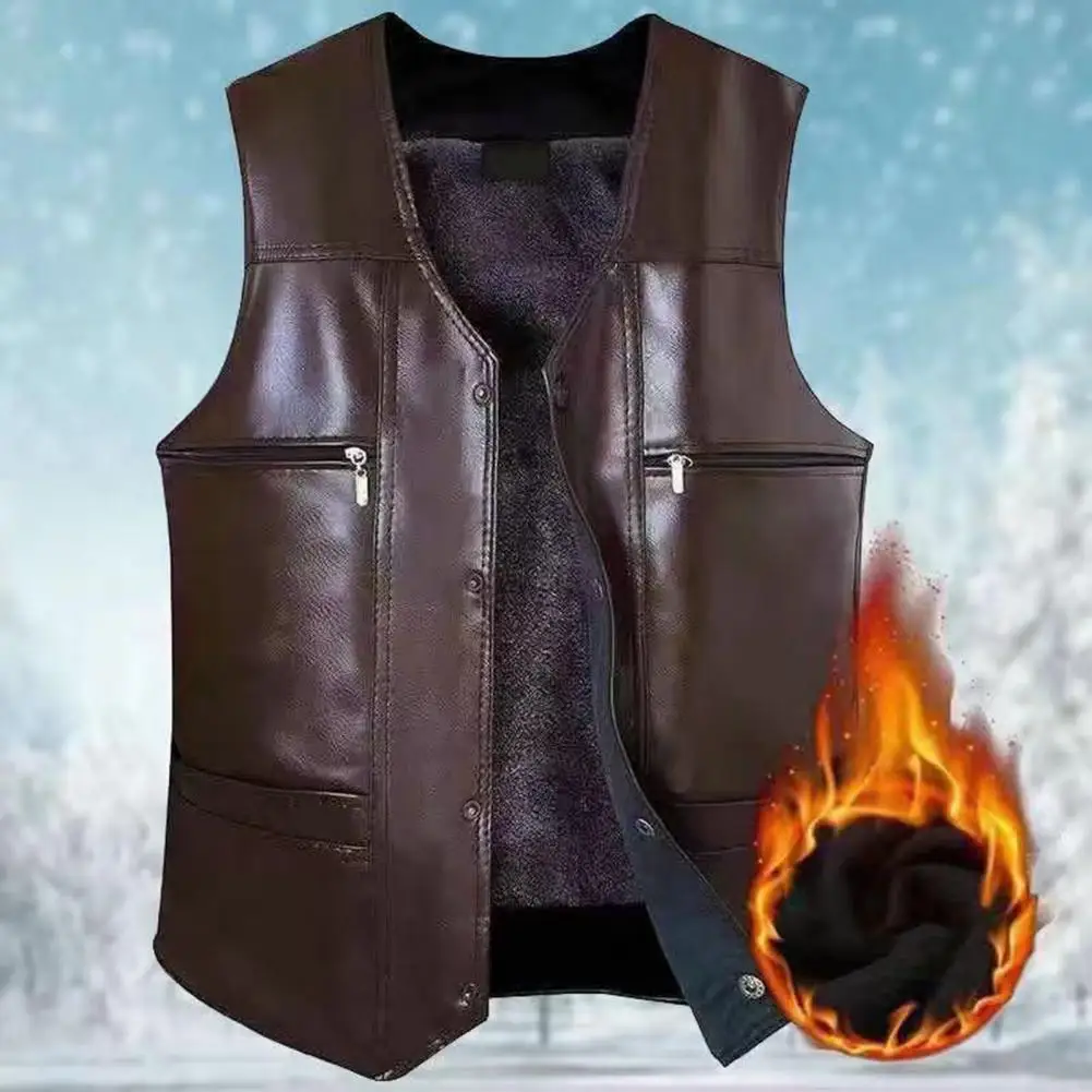 

Solid Color Men Vest Men Faux Leather Vest Mid-aged Men's Faux Leather Winter Vest with Plush Lining Multiple Pockets for Warmth