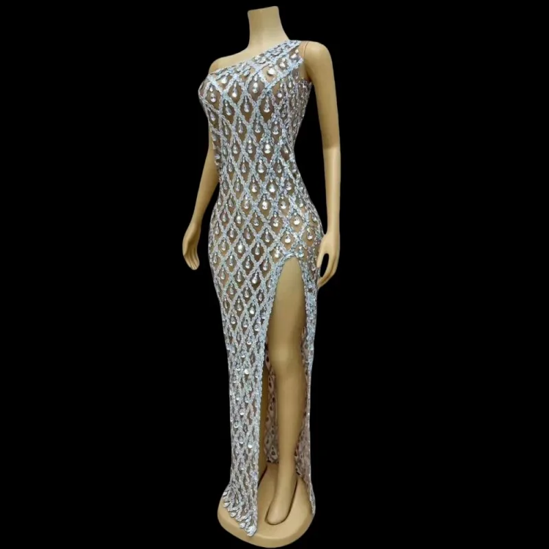 Sexy luxo prata lantejoulas strass vestido feminino noite celebrar festa de aniversário transparente alta divisão vestido longo fotografia