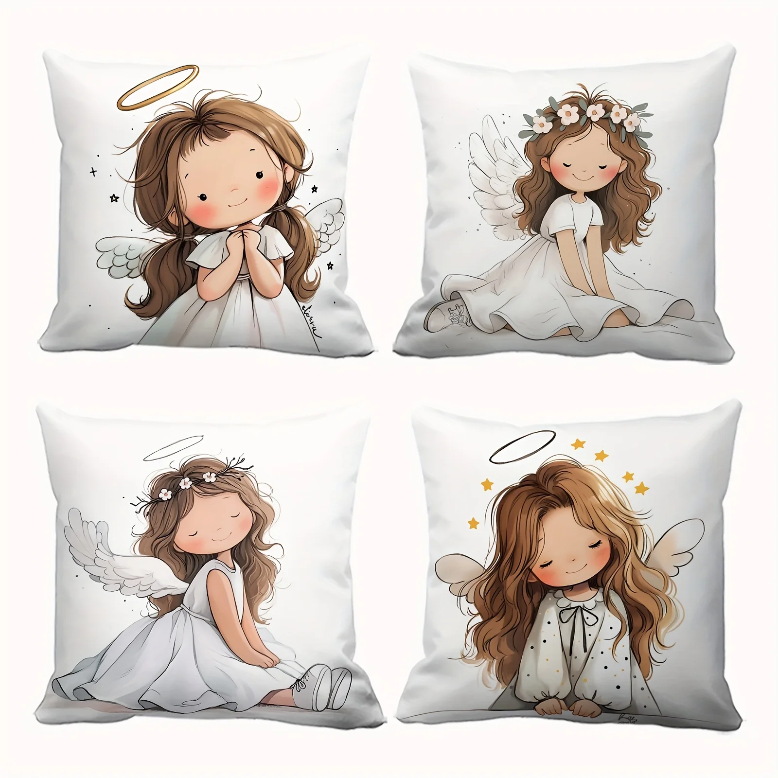 4pcs Cute Angel Girl Cushion Cover Cartoon Wings Printed Pillow Case Polyester Home Decor Sofa Living Room Bedroom 2D Flat