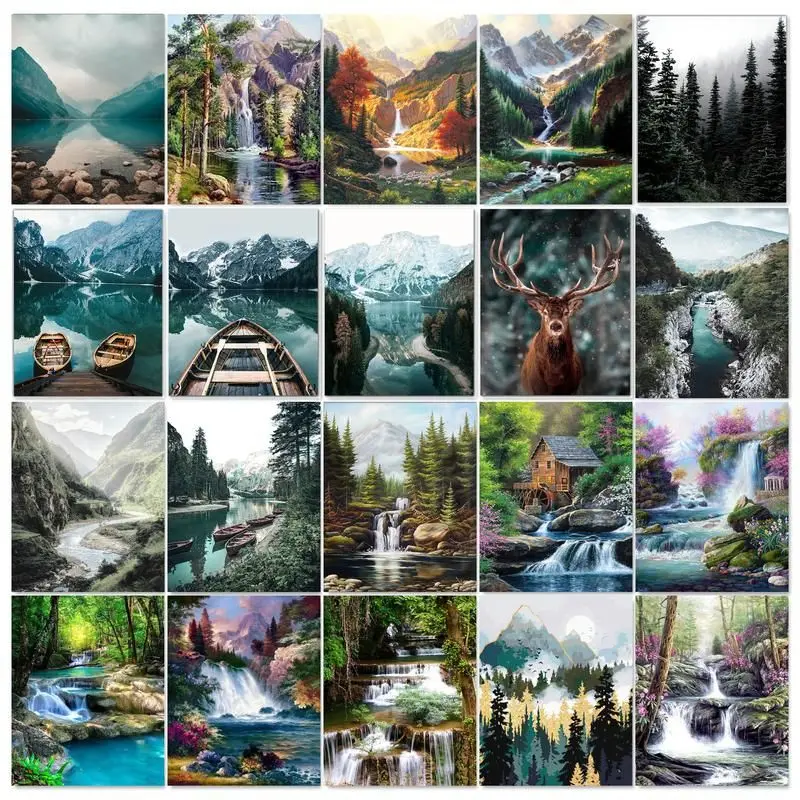 SDOYUNO Frame DIY Painting By Numbers River Tree Landscape Canvas By Numbers Wall Art Picture Acrylic Paint Crafts Kit 60x75cm