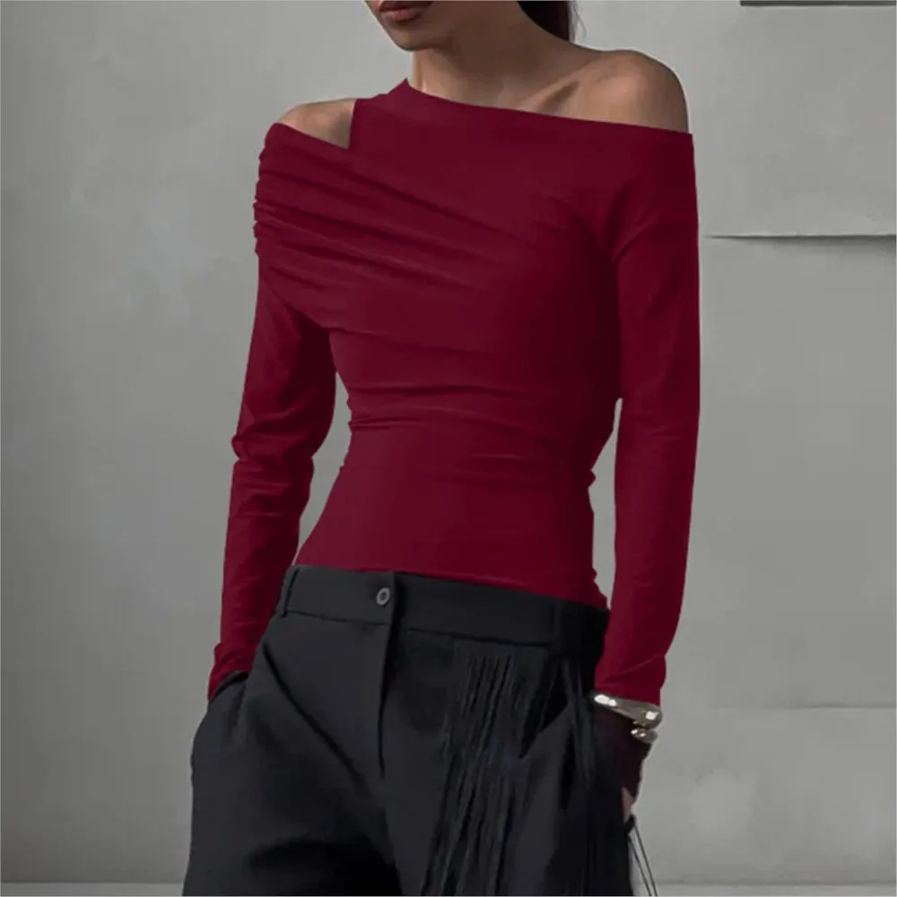 Fashionable Personalized Irregular Sloping Shoulder Pleated Slim Fit T-shirt Top Simple Style All-match Solid Color Temperament