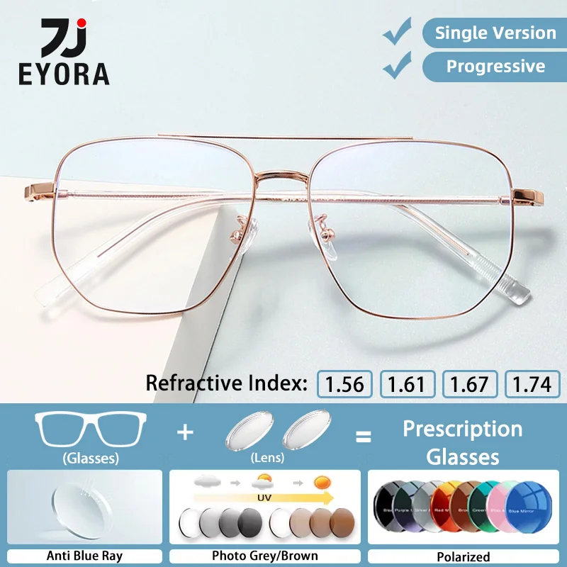 

EYORA Fashion Double-bar Metal Polygon Reading Glasses Myopia Eyewear Hyperopia Anti Blue Ray Progressive Photochromic Eyewear