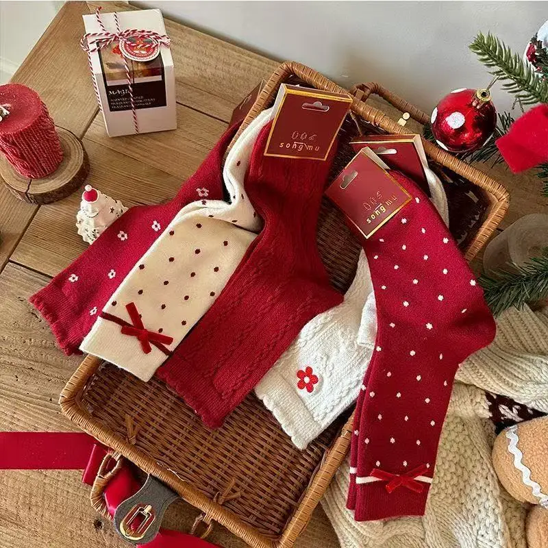 Süße Weihnachtssocken mit gepunkteter Schleife für Damen, weiche Baumwoll-Blumenstrick-Crew-Socken, für den täglichen Gebrauch, JK-Uniform, süße Freizeitoutfits – Detail 4