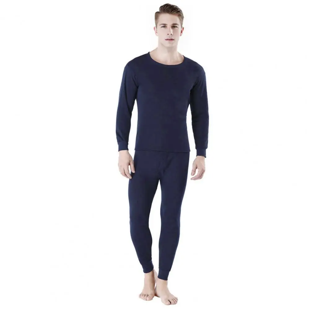 Men Warm Suit Plush Lined Pajama Set with Long Sleeve Top Elastic Waist Pants Winter Loungewear