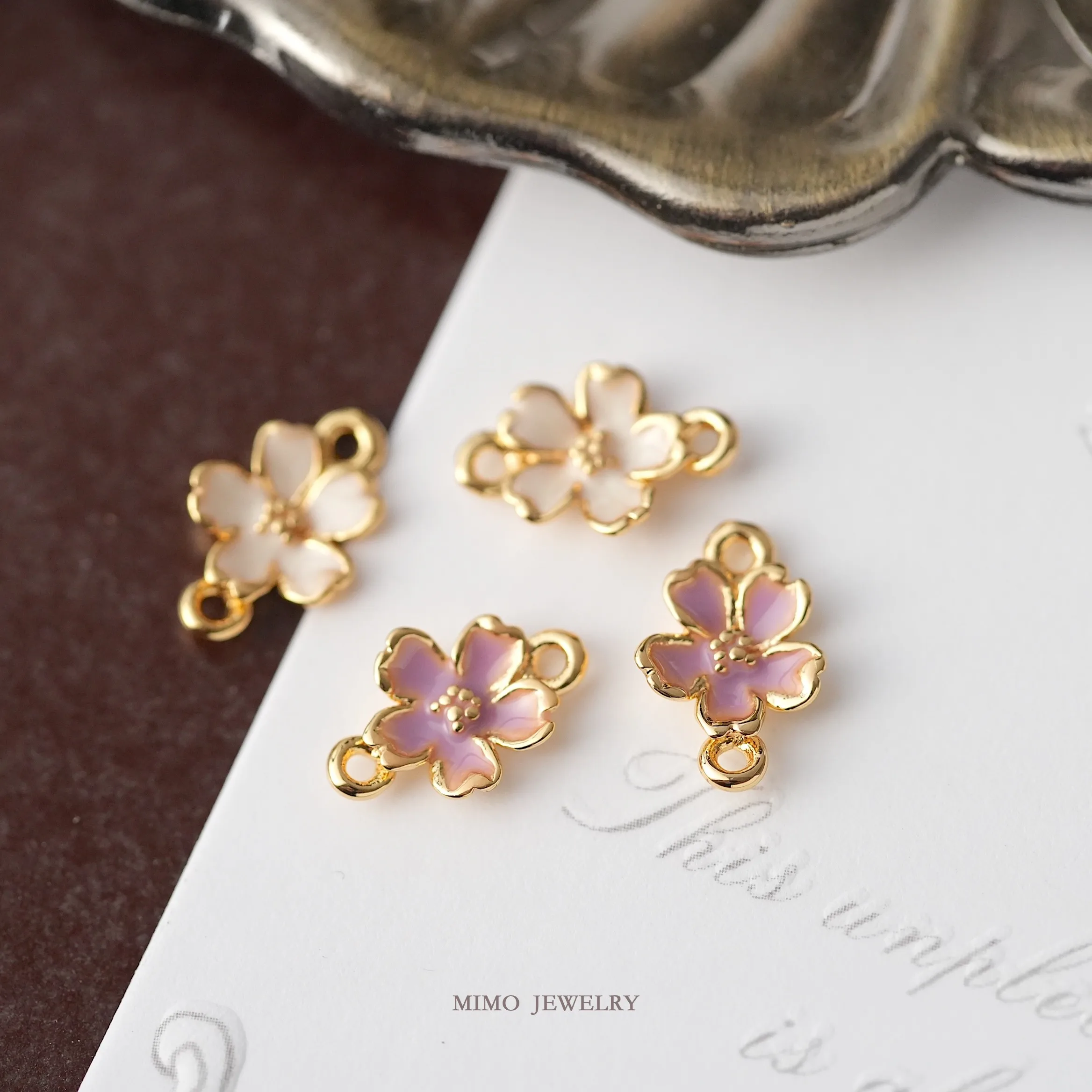 Double Hanging Small Fresh Oil Dripping Cherry Blossom Charms Pendant Supplies DIY Hand Brass Gold Plated Accessories 16*10mm