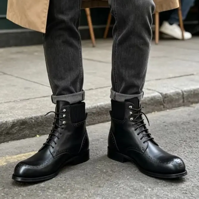 Breathing Holes Black Leather Short Boots For Men Knitting New Shoes Chunky Low Heels Round Toe Lace-Up Metal Buckle Men's Botas