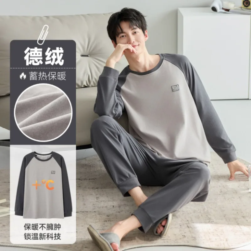 

Winter German Velvet Pajamas Men Korean Thickened Warm Sleepwear Round Neck Pullover Long Sleeves Trousers 2PCS/Se Loungewear