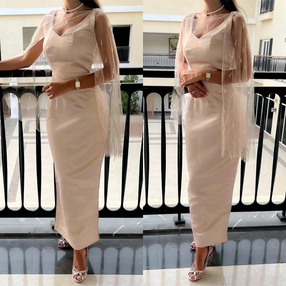 

Customized Exquisite Champagne Satin Evening Dress Classic V-Neck Cap Sleeve Prom Dress Sweep Train Zipper Back Party Dress