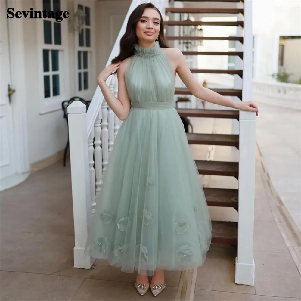 

Sevintage Elegant Mint Green Tulle Prom Dress Halter Ruffles 3D Flowers Ankle Length Simple Evening Dress robes de soirée 2024