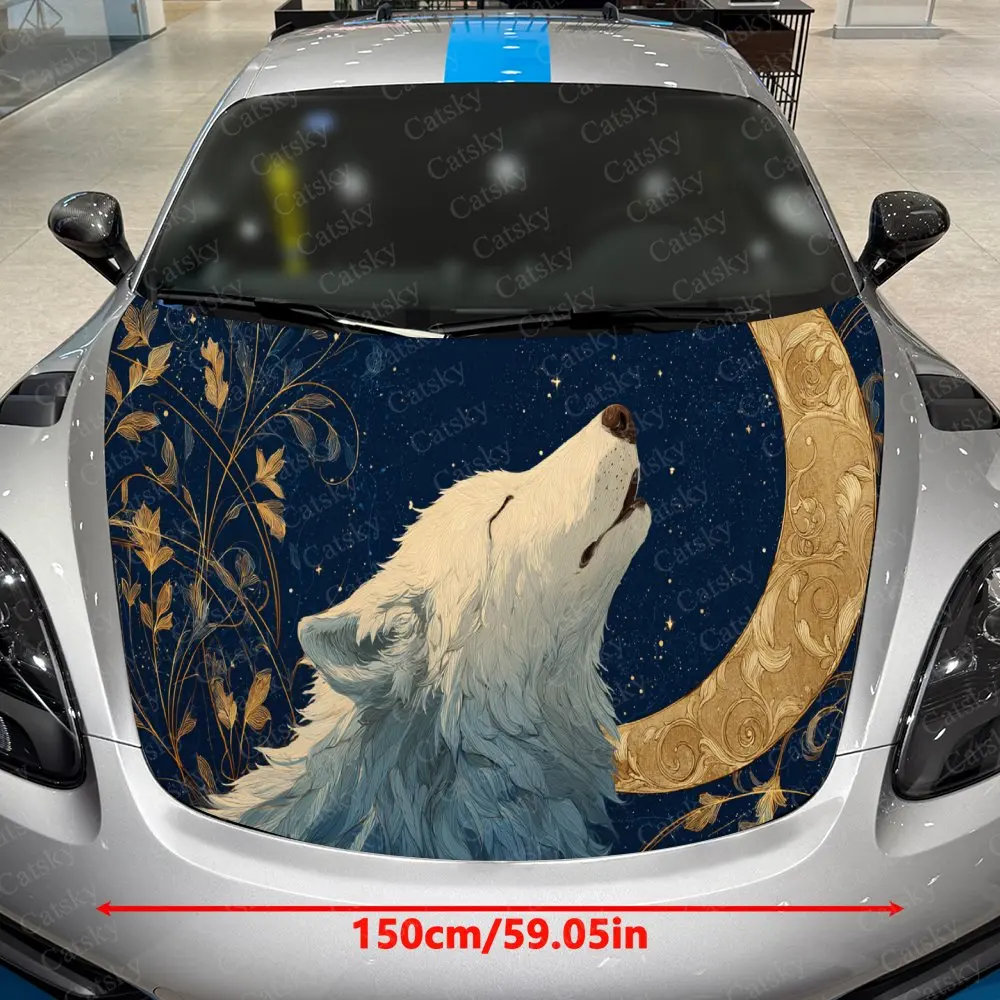 Starry Night Wolf Car Vinyl Wrap, PVC Waterproof Car Hood Sticker, Self-Adhesive Scratch-Resistant Stickers for Engine Cover