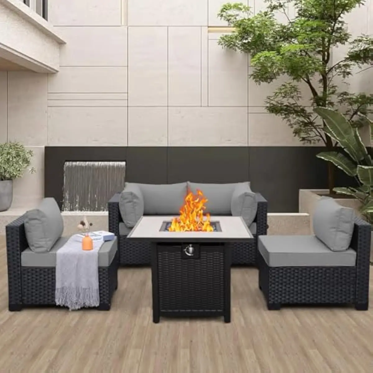 Outdoor 5-Piece Modern Resin Wicker Sectional Set with Removable Fire Pit Table Grey Cushions Ergonomic Steel Frame Weatherproof