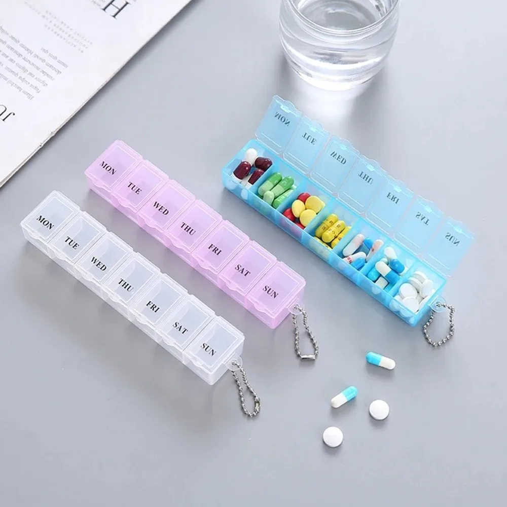 7-Tage-Wochenpillenbox Bunter Mini-Medikamentenbehälter Tragbarer Behälter mit Knopföffnung Pillenorganizer-Etui – Detail 6