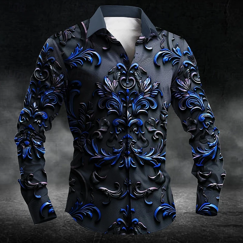 Men\'s fashionable luxury button up shirt with retro texture sculpture 3D printed collar, long sleeved casual business dress shir