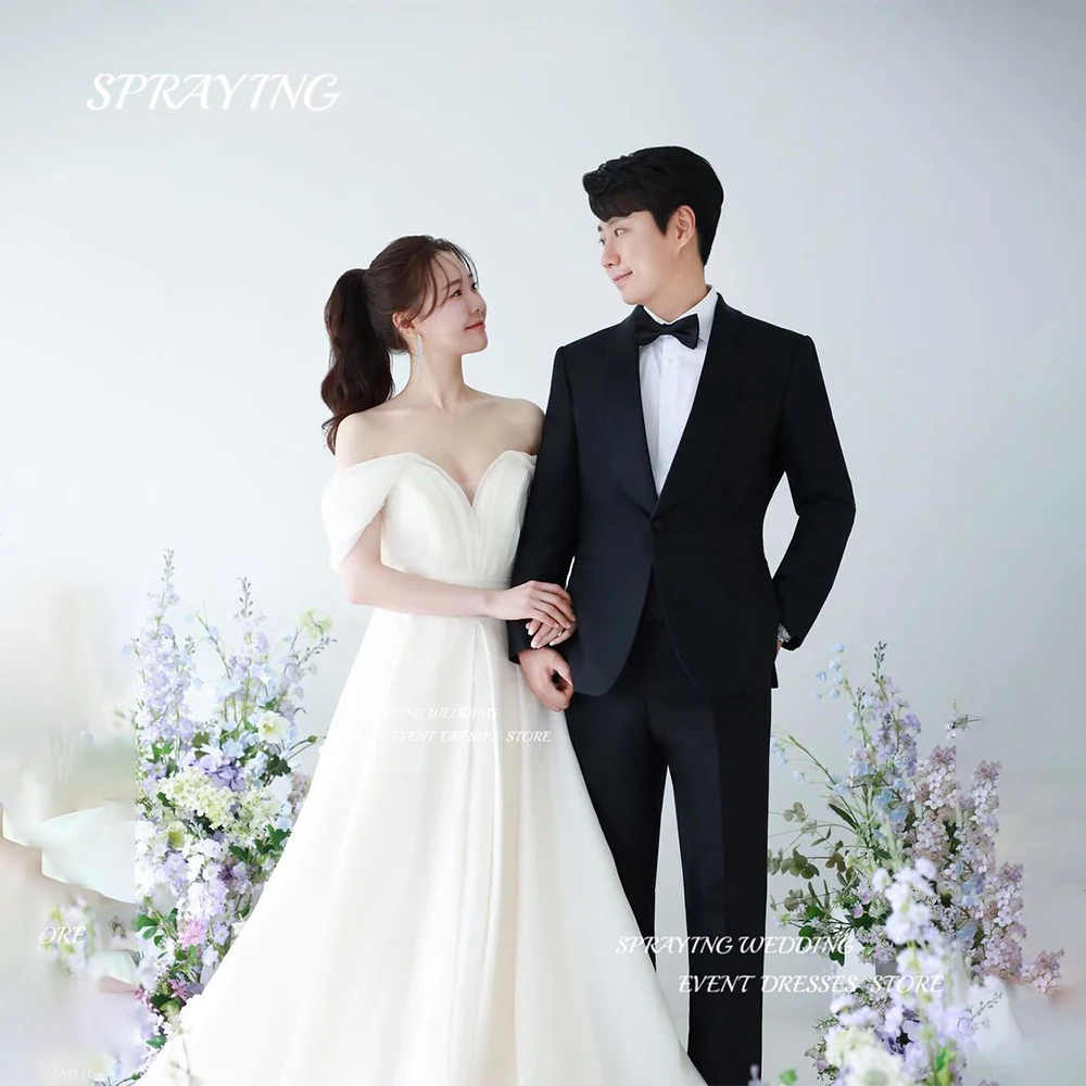 

SPRAYING Simple Off Shoulder Wedding Dress Korea Photoshoot V Neck A Line Bridal Gown Organza Floor Length Bridal Dresses