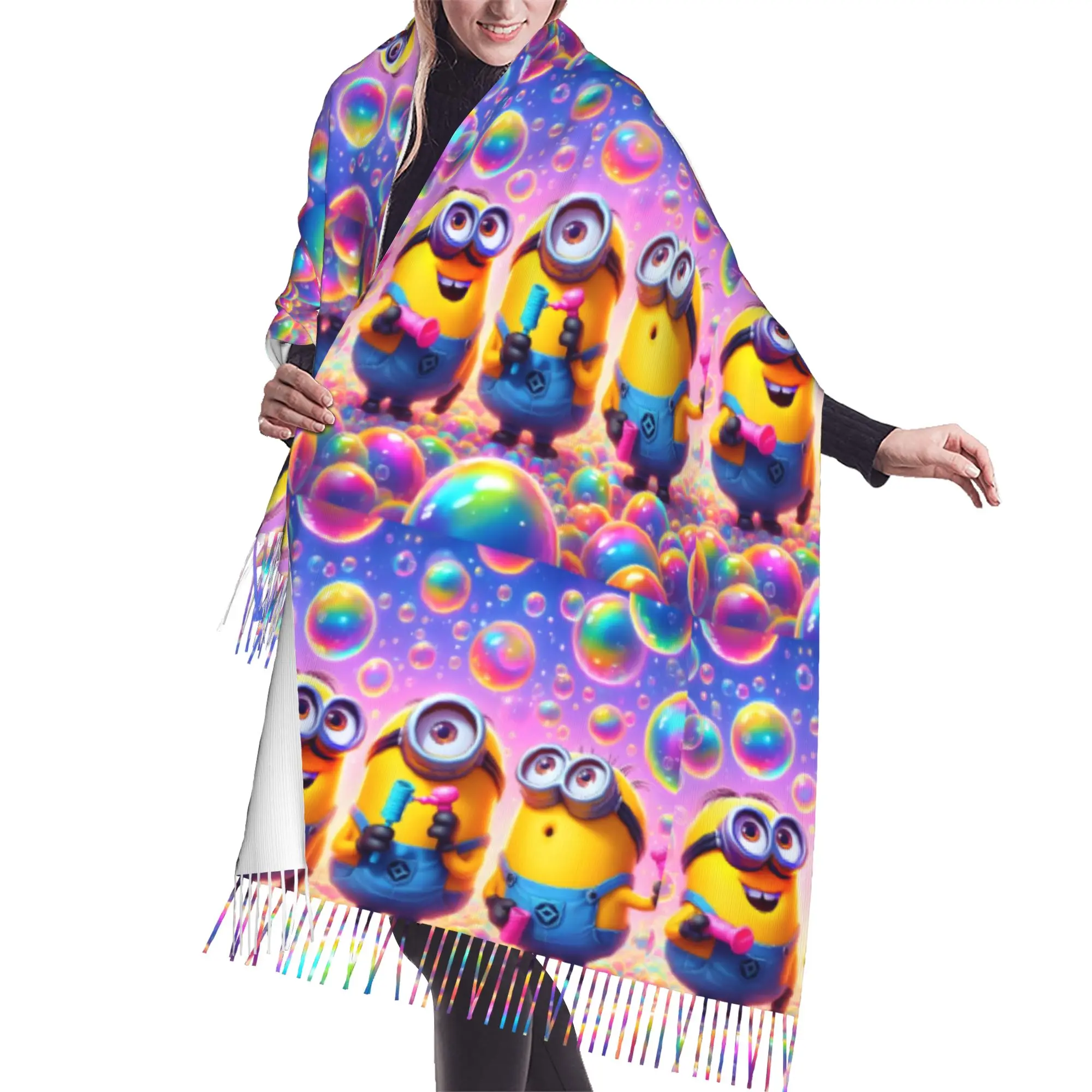 Custom M-Minioned Anime Scarf Wrap Women Long Winter Fall Warm Tassel Shawl Unisex Manga Cartoon Scarves