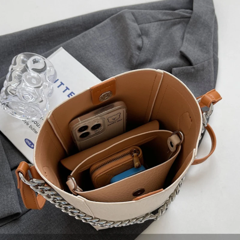 Composite Bag Tote Bag for Women Fashion PU Leather Handbag 2023 New Summer Simple Design Casual Chain Crossbody Bag Bucket Bag