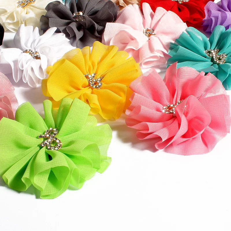 

120pcs/lot 6.5cm 15colors Chiffon Flowers With Rhinestone Bow For Children Hair Accessories Fabric Flowers For Baby Headbands