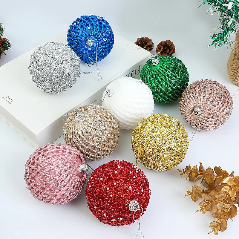 

12Pcs 8cm Sequin Painted Christmas Balls Set Glitter Gold Silver Plastic Hanging Pendant Decorations For Home Xmas Tree Ornament