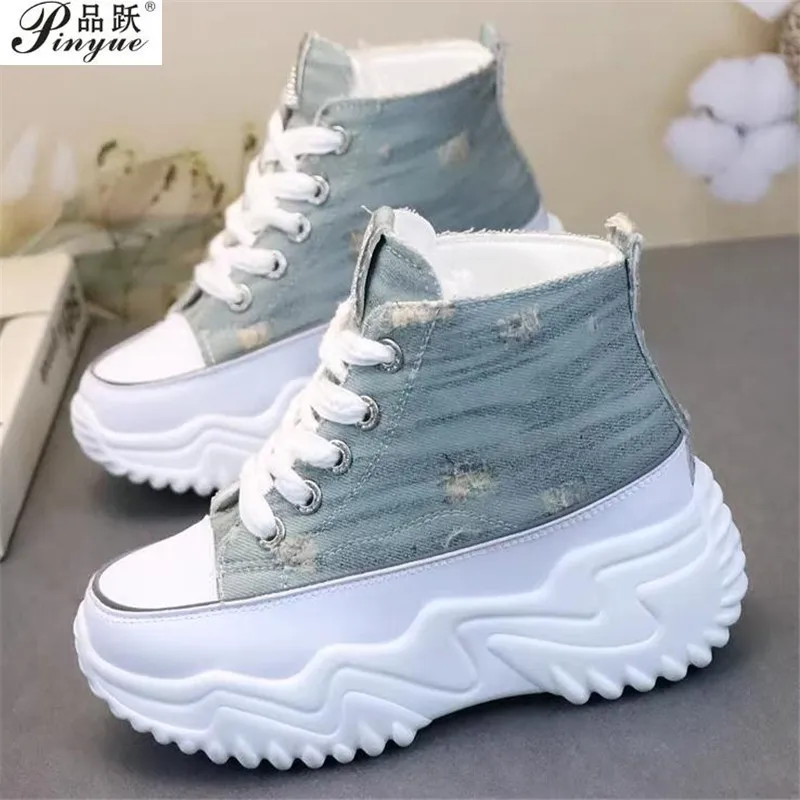 

Fashion Women Chunky Platform Motorcycle Boots Lace Up Thick Bottom Shoes Woman Autumn Ankle Boots Denim canvas shoes