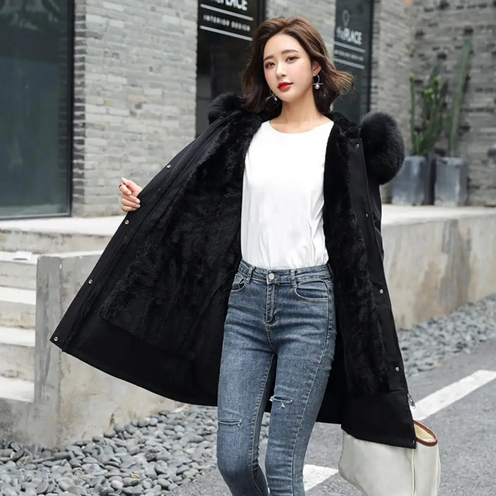 Winter Women Long Parkas Furry Hood Long Sleeves Pockets Knee Length Jacket Thick Plush Lining Zipper Button Closure Cotton Coat